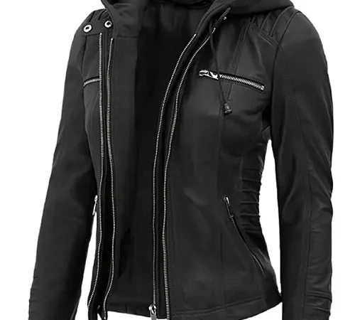 Women's Black Slim Fit Hooded Leather Jacket