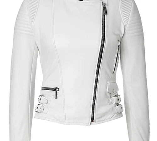 Women's White Leather Cafe Racer Jacket